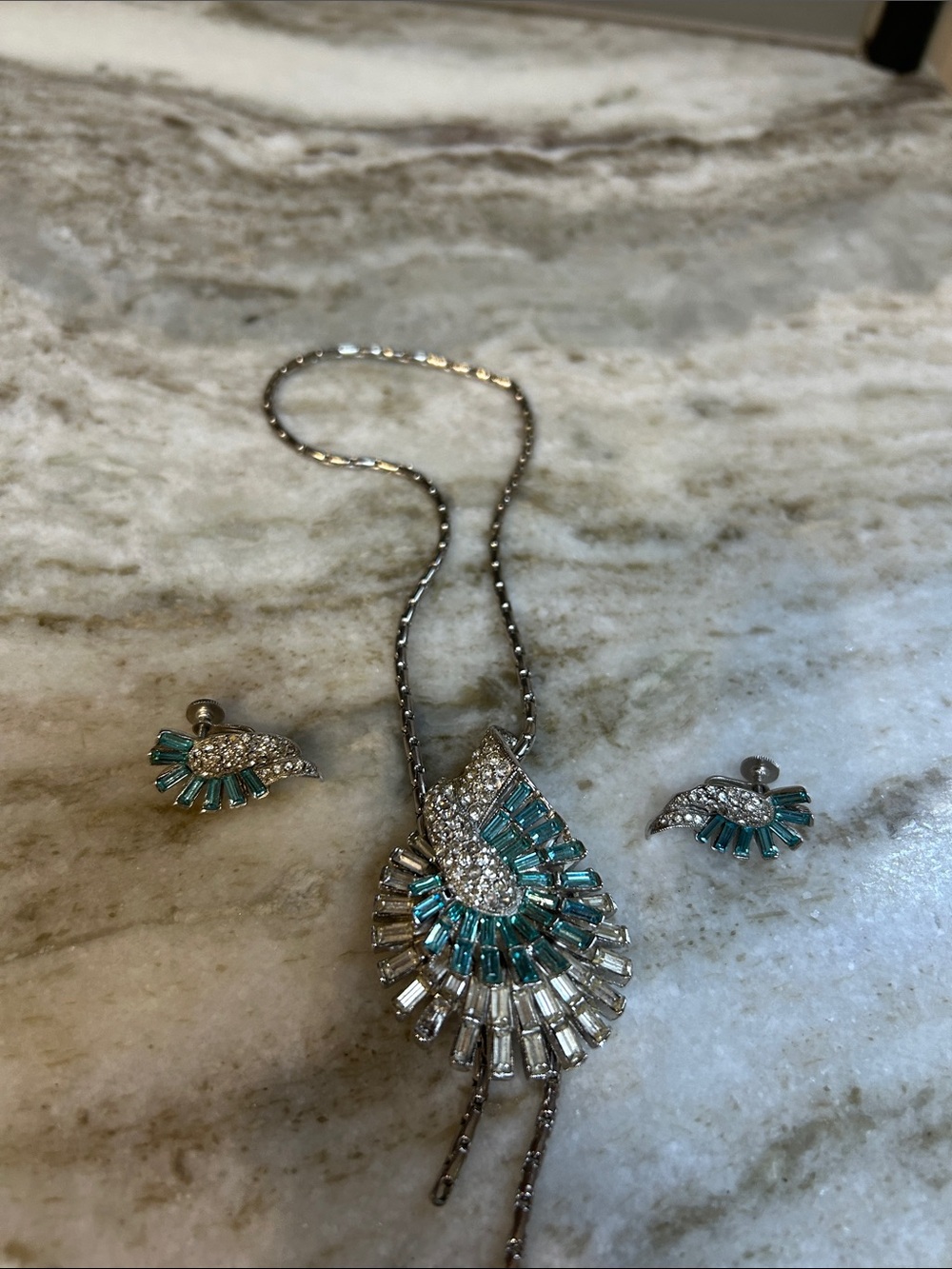 BOUCHER  Sparkling Ice Blue  Baguette Rhinestone Vintage Necklace & Earrings Set